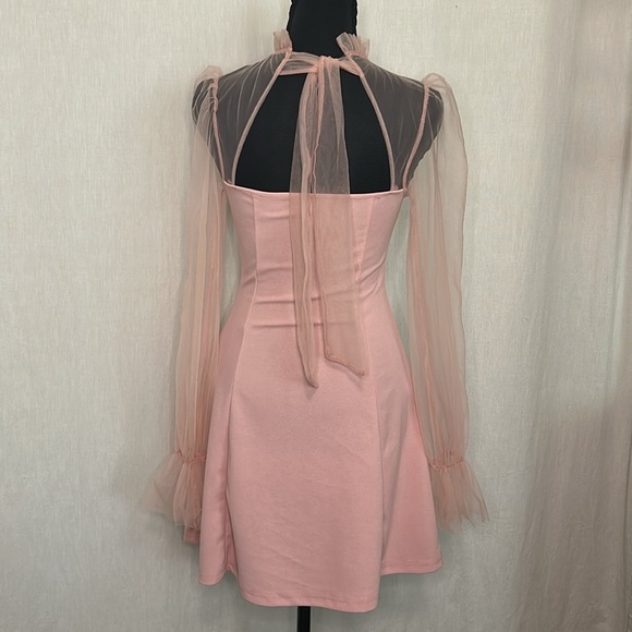SHEIN Romantic Pink Puff Sleeve Dress β Sheer Detail & Ruffle Neckline size XS - Picture 4 of 6